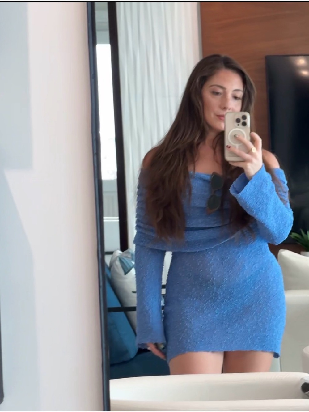 Meshki Blue Off-Shoulder Knit Mini Dress